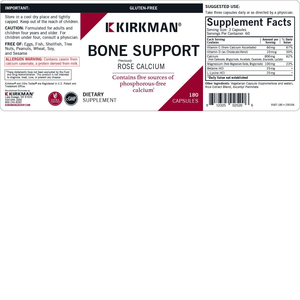 Kirkman Bone Support Calcium Supplement Capsules, 180 Capsules