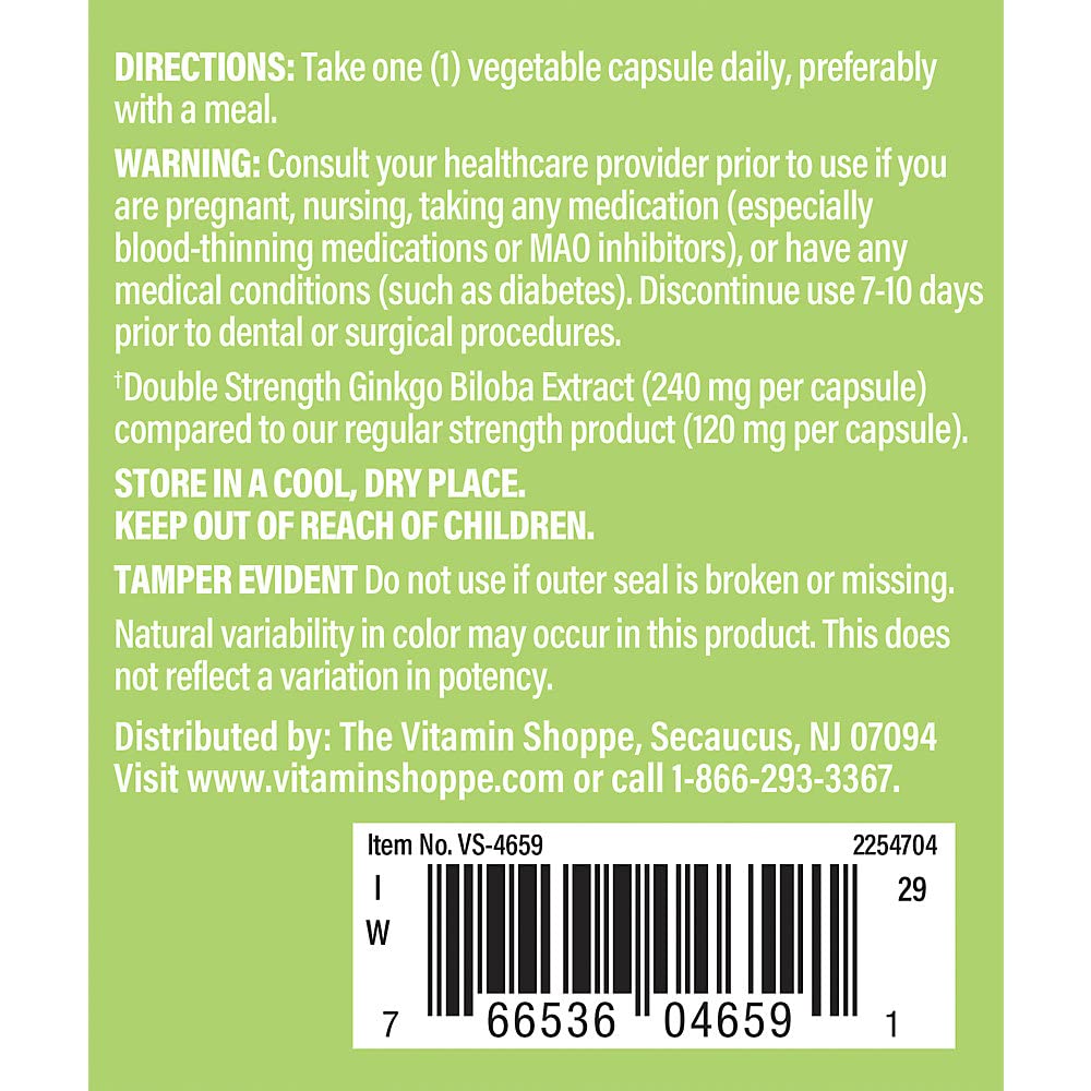 The Vitamin Shoppe Ginkgo Biloba 240 MG Vegetarian Capsules 120