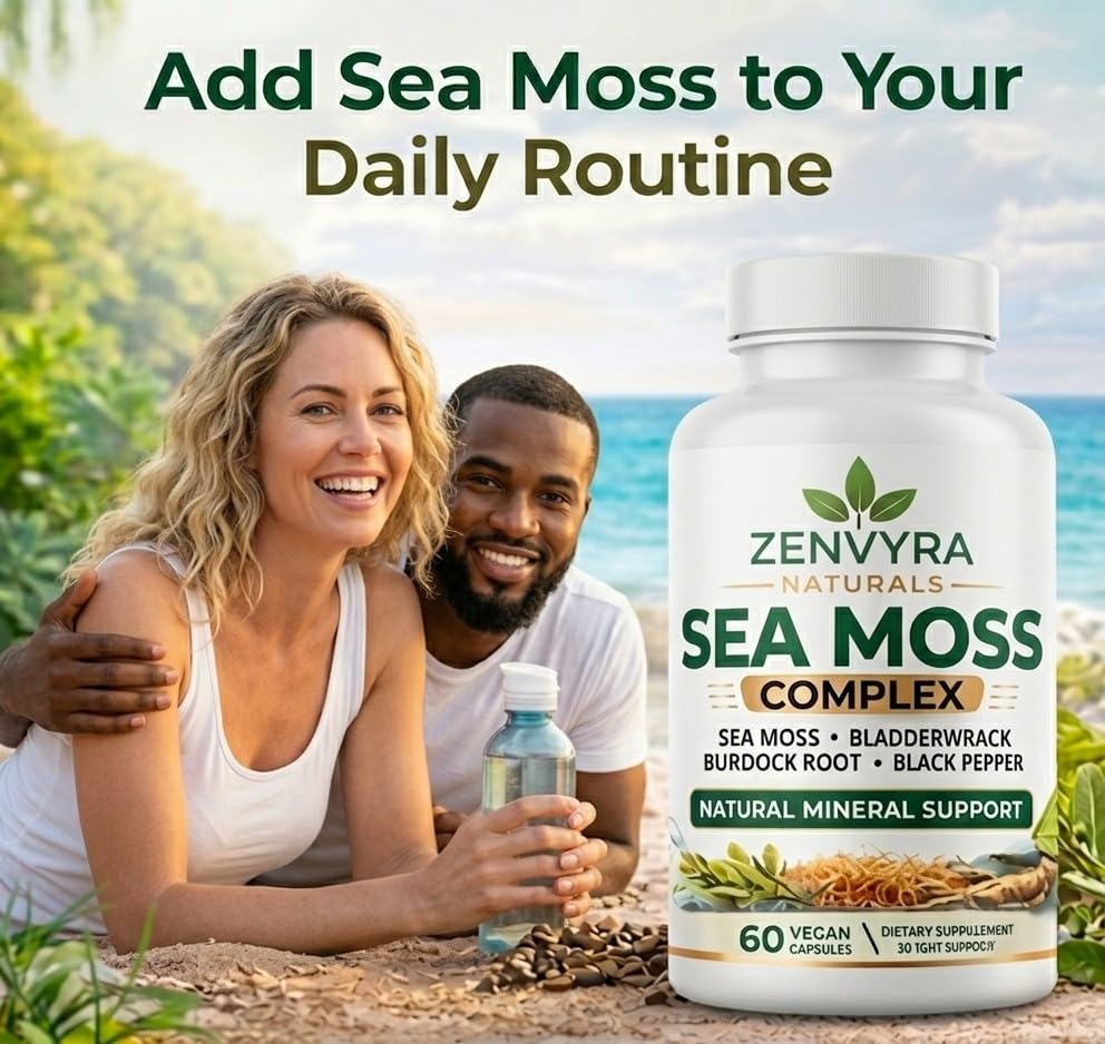 Zenvyra Naturals Organic Sea Moss Capsules with Bladderwrack & Burdock Root, 90 Capsules