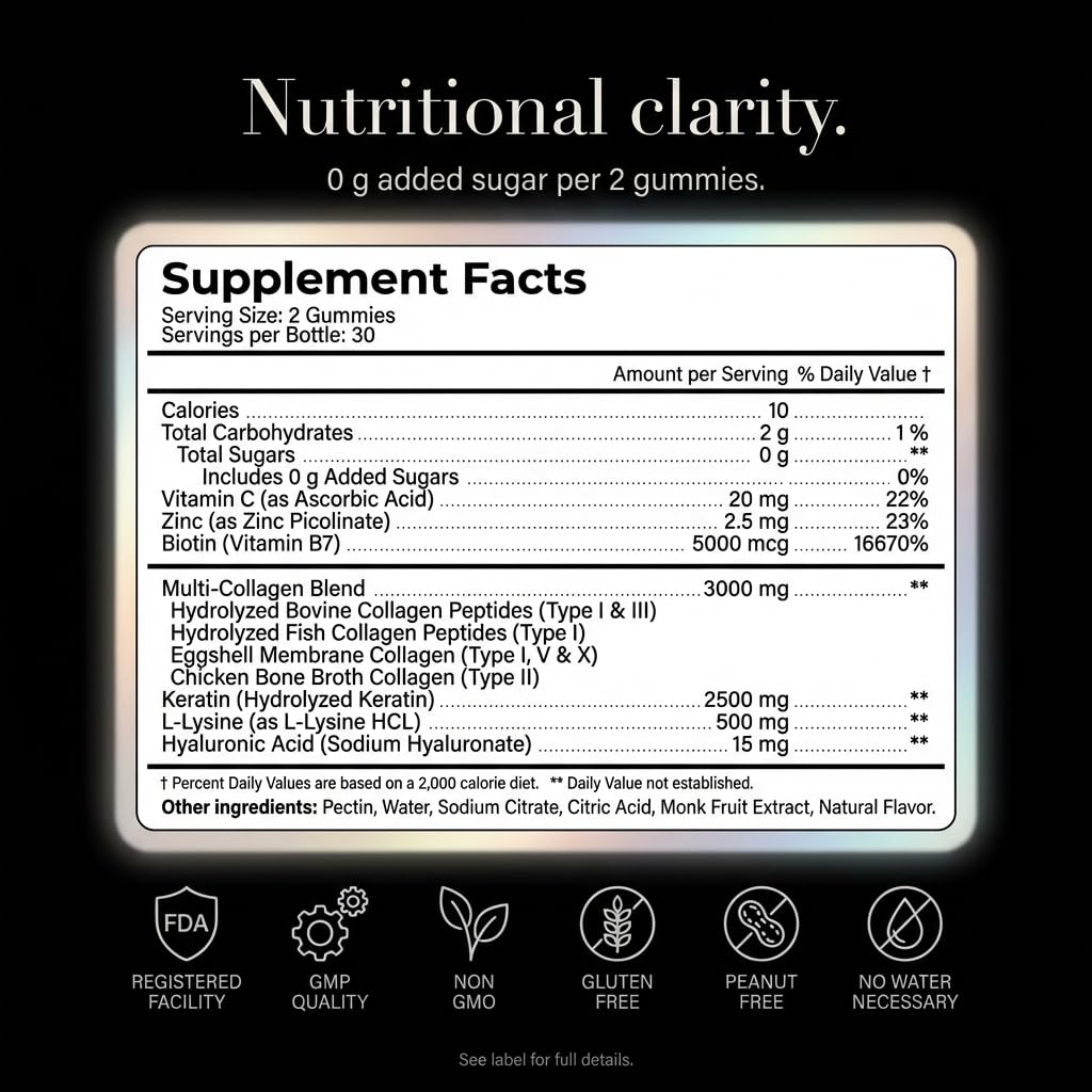 Wellneum Collagen Peptides Gummies Sugar Free 3000mg Multi-Collagen Blend for Hair, Skin & Nails Support + 2500mg Keratin + 5000mcg Biotin, Hyaluronic Acid, Vitamin C & Zinc, 60 Gummies