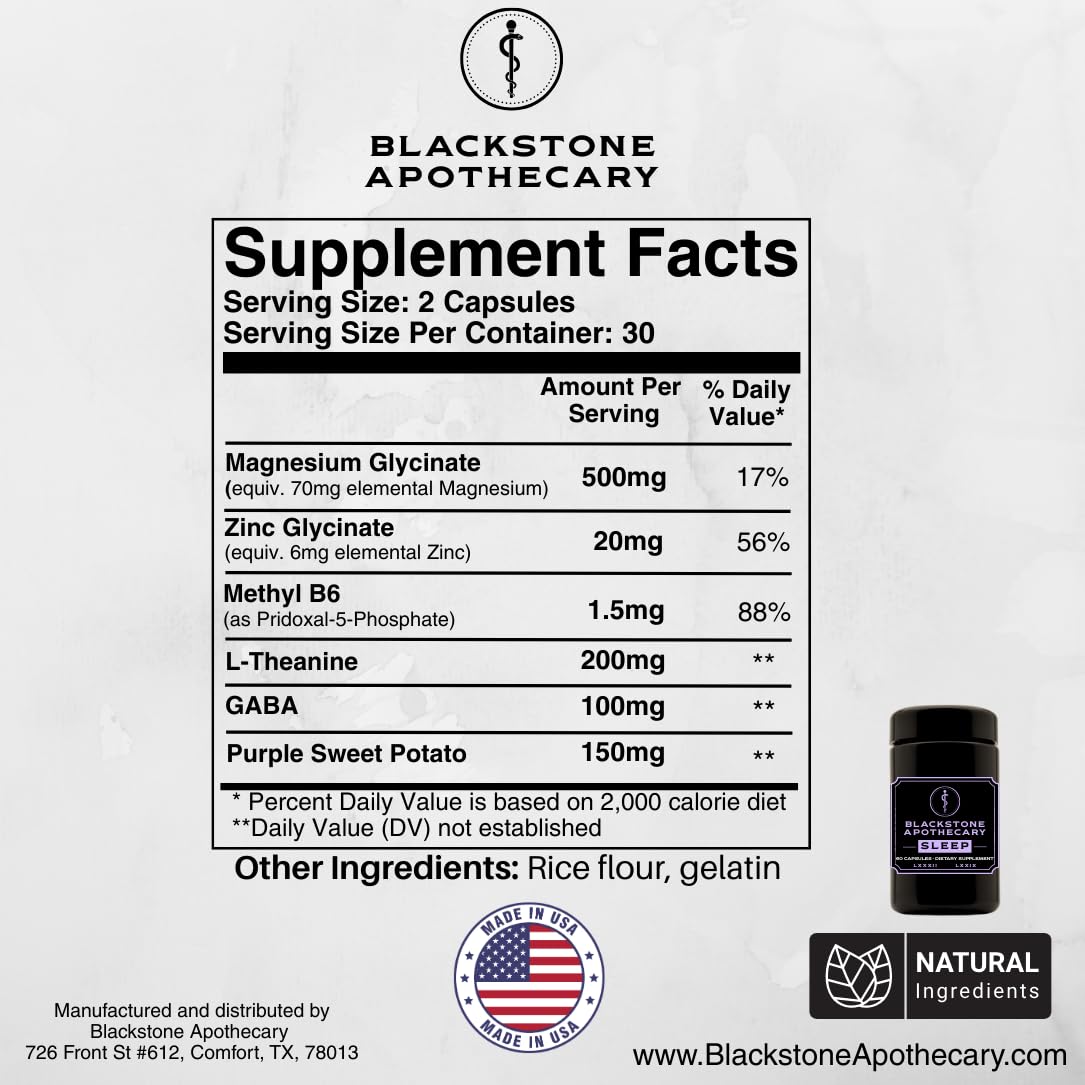 Blackstone Apothecary Sleep Supplement with Magnesium Glycinate, L-Theanine, GABA, Active B6 (P5P), Zinc Glycinate Capsules 60