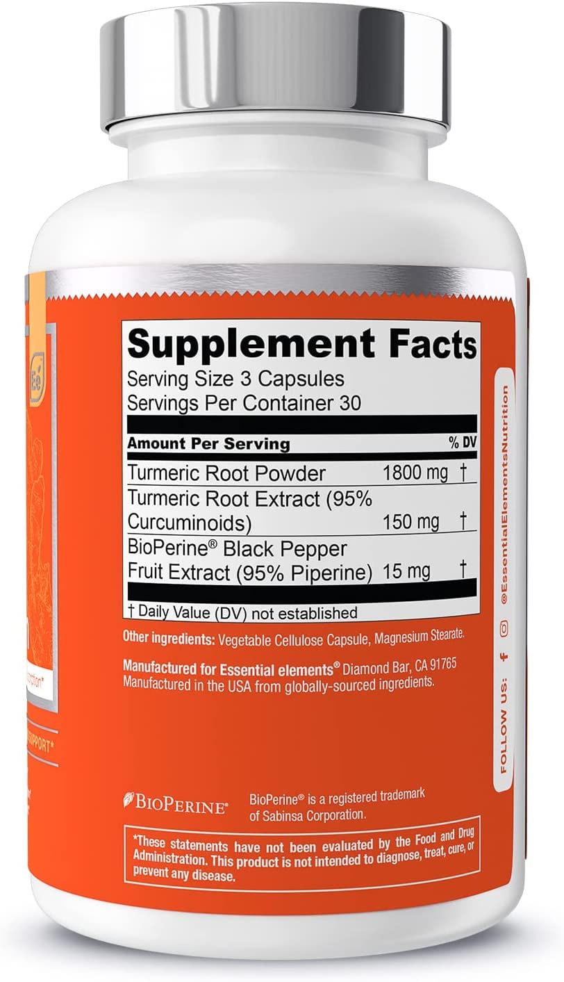 Essential Elements Turmeric Curcumin with BioPerine for Optimal Absorption 1950 mg Capsules, 90 Count