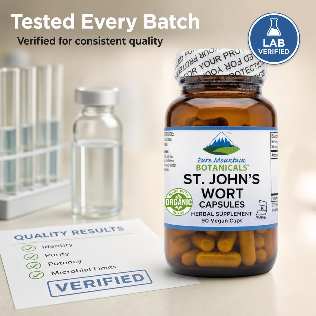 Pure Mountain Botanicals St. John's Wort Capsules 450mg Organic Herb and Extract Standardized to 3% Hypericin 90 Count