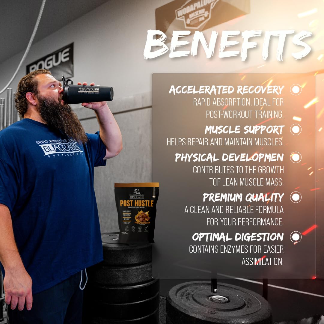 BLACKLABEL Supplements Post Hustle Post Workout Protein Powder Whey Protein Isolate Powder with Digestive Enzymes Peanut Butter Cup, 40 Servings