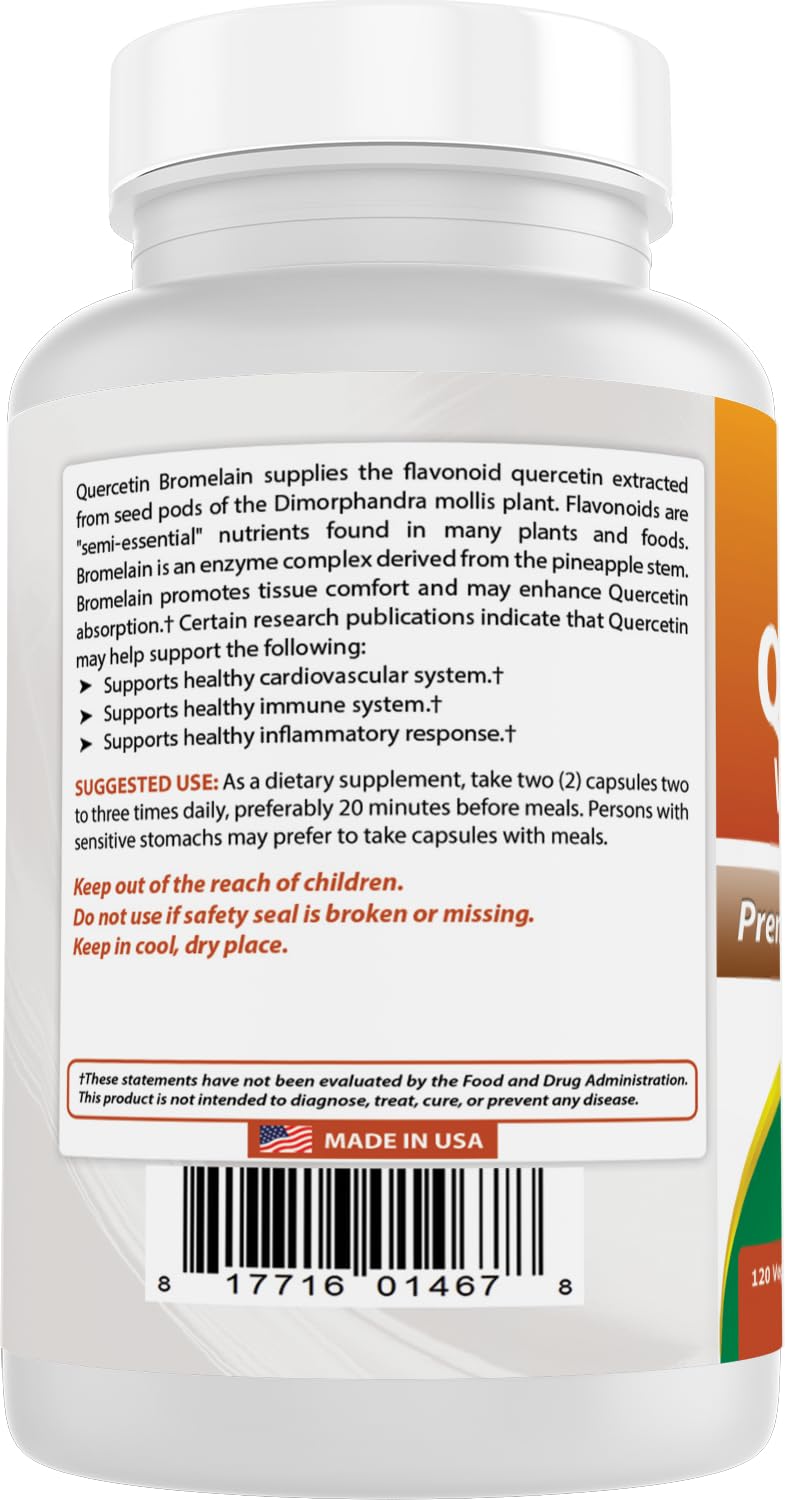 Best Naturals Quercetin with Bromelain Veggie Capsule, 800mg Quercetin & 165 mg Bromelain (2400 GDU/g), 120 Capsules