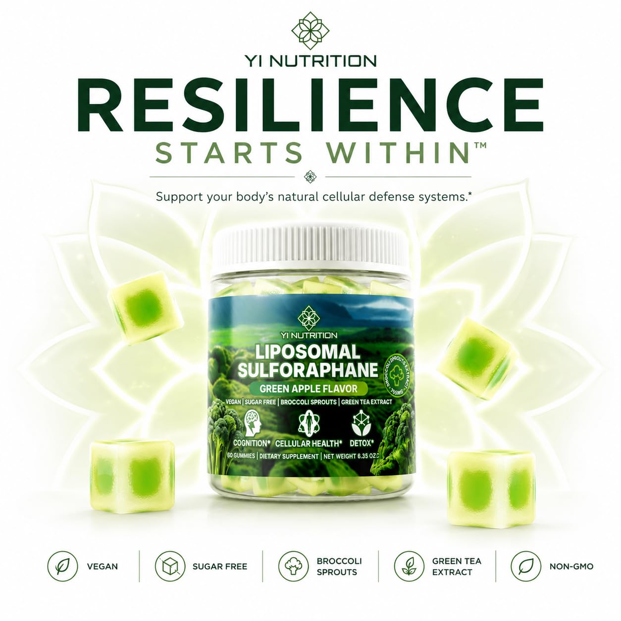 Yi Nutrition Liposmal Sulforaphane Gummies - Broccoli Sprouts Extract 755mg Total with Myrosinase, Glucoraphanin, and Green Tea Extract, 1 Count