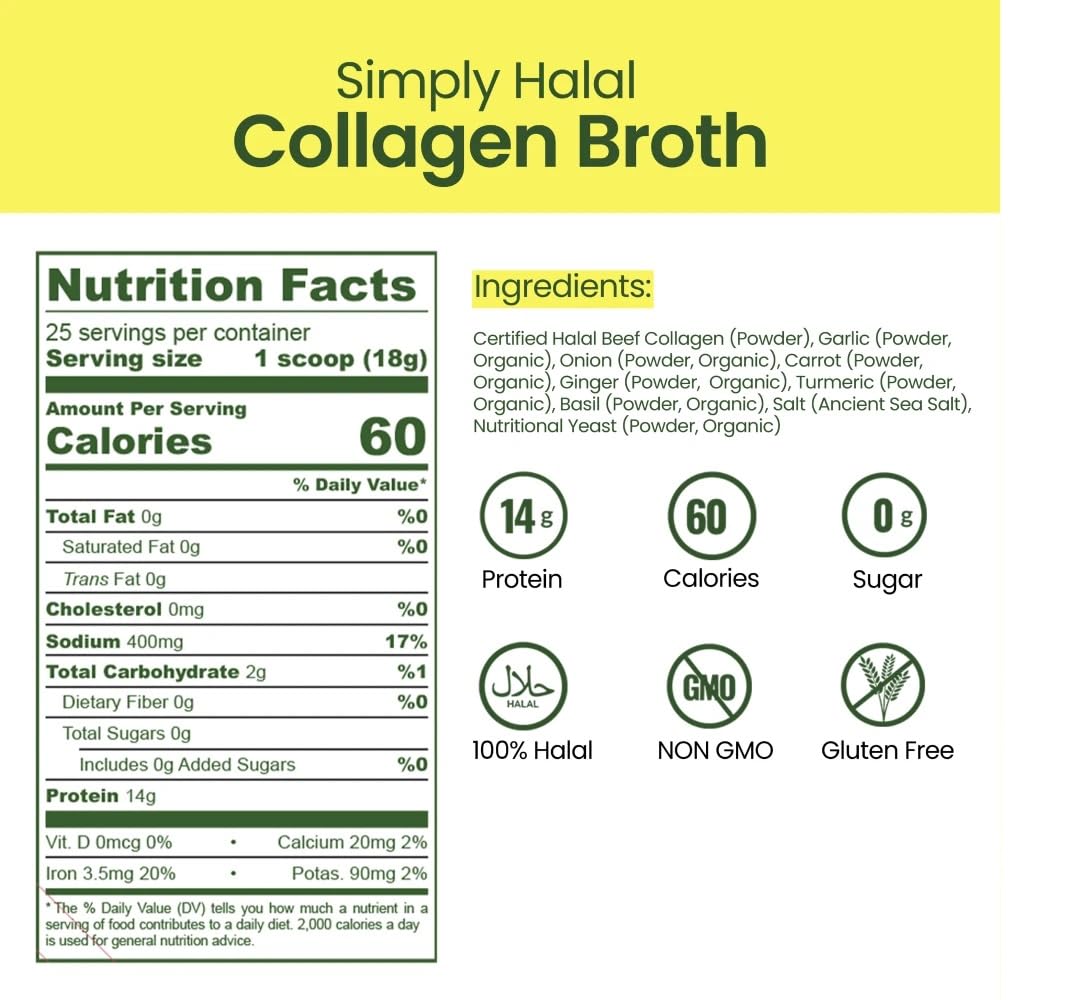 Simply Halal Broth Collagen Powder Type I & III for Joint, Skin, Hair, Nail & Digestive Support – Grass-Fed, 16 oz
