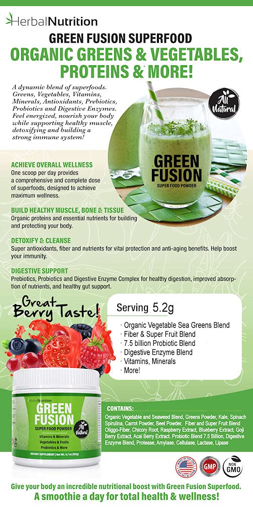 Herbal Nutrition Greens Powder Superfood Fruits & Vegetables Blend Probiotics & More, 3-Pack