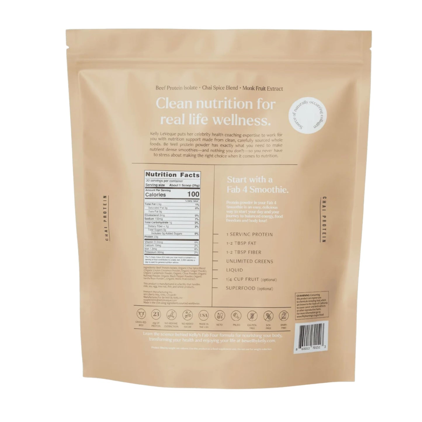 Be Well by Kelly LeVeque Chai Grass-Fed Beef Protein Powder, 1.65 lb