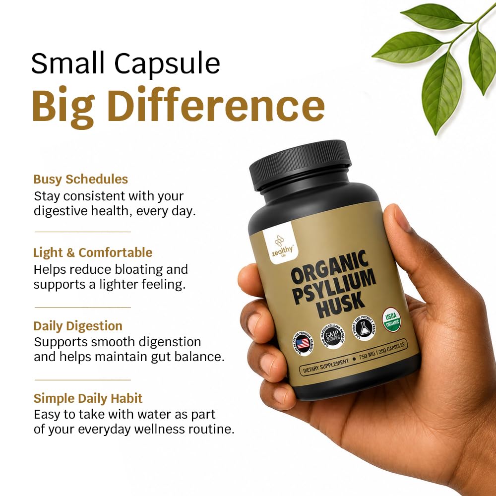 Z Zealthy Life Organic Psyllium Husk 750 mg Capsules, Natural Fiber Gut Health Supplement, 250 Count