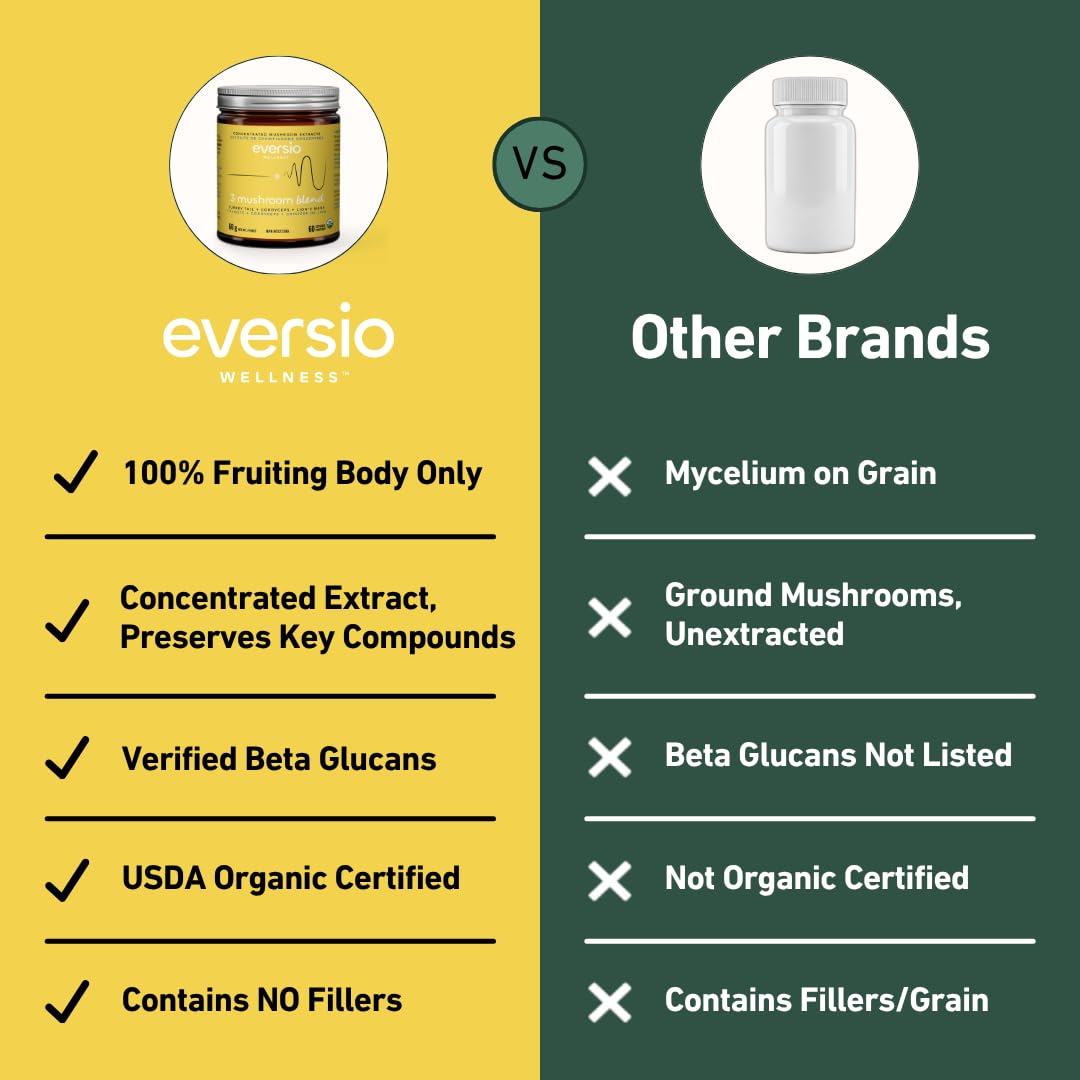 Eversio Wellness Organic 3 Mushroom Blend Complex Powder – Lion’s Mane, Cordyceps & Turkey Tail Fruiting Body Extract – Daily Wellness & Energy Support – 60 Servings