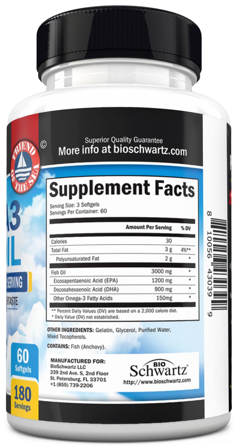 BioSchwartz Triple Strength Omega-3 Fish Oil 3000mg Softgels, 180 Count