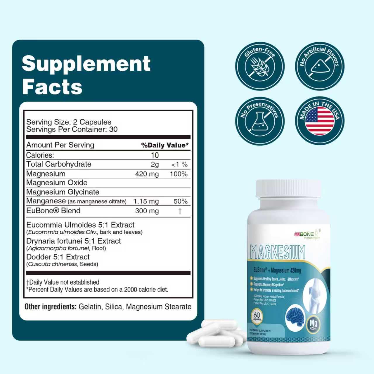 PureBotan Magnesium Oxide and Glycinate Extra Strength 420mg High Absorption Magnesium Supplement with EuBone and Manganese, 60 Capsules