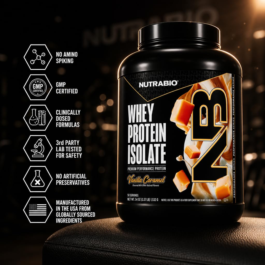 NutraBio 100% Whey Protein Isolate Protein Powder, Vanilla Caramel, 54 Servings