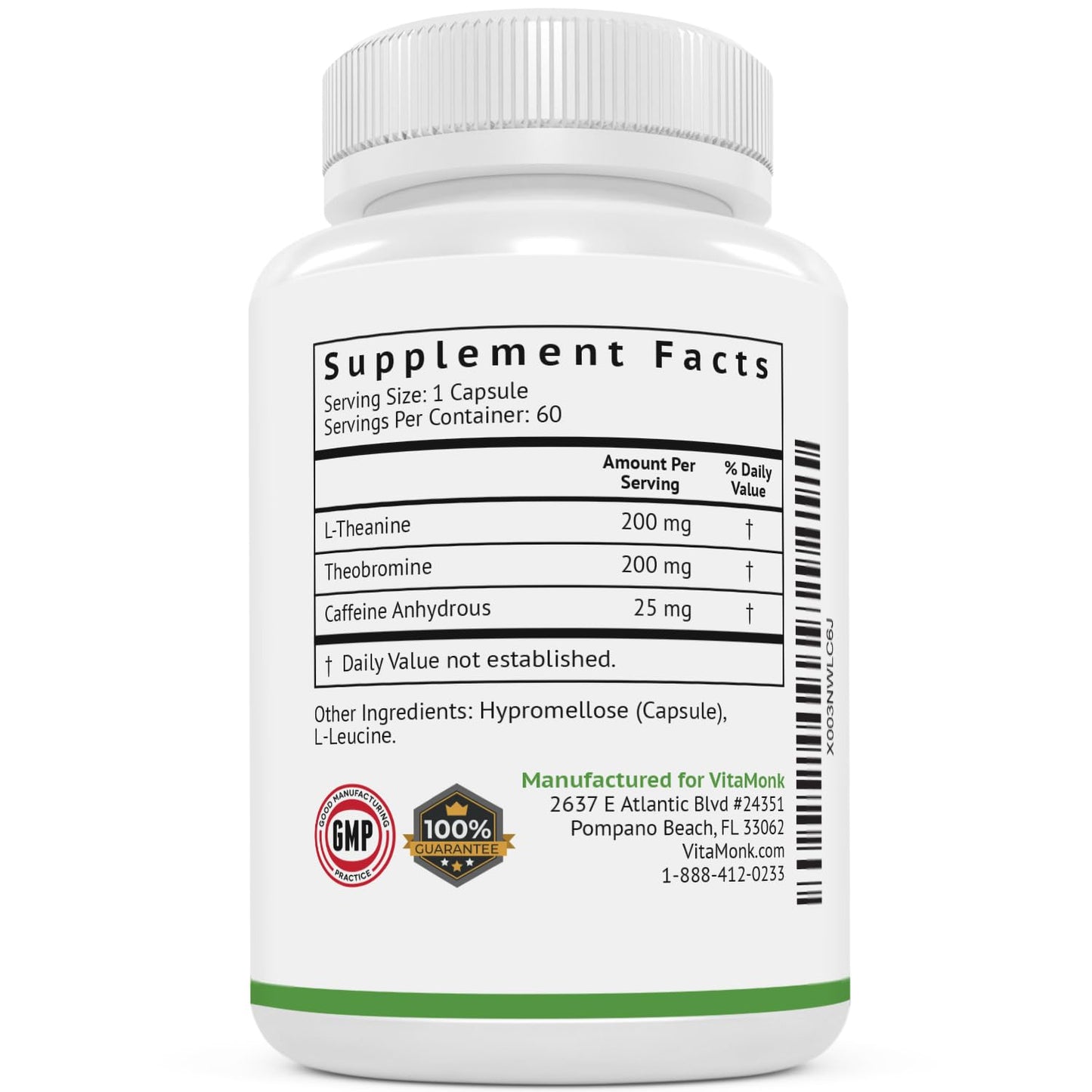 VitaMonk Low Dose Caffeine L-Theanine, 60 Capsules