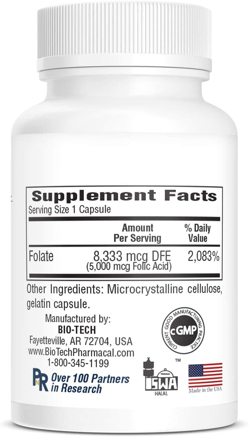 Bio-Tech Pharmacal Folic Acid 5mg Capsules, 100 Capsules
