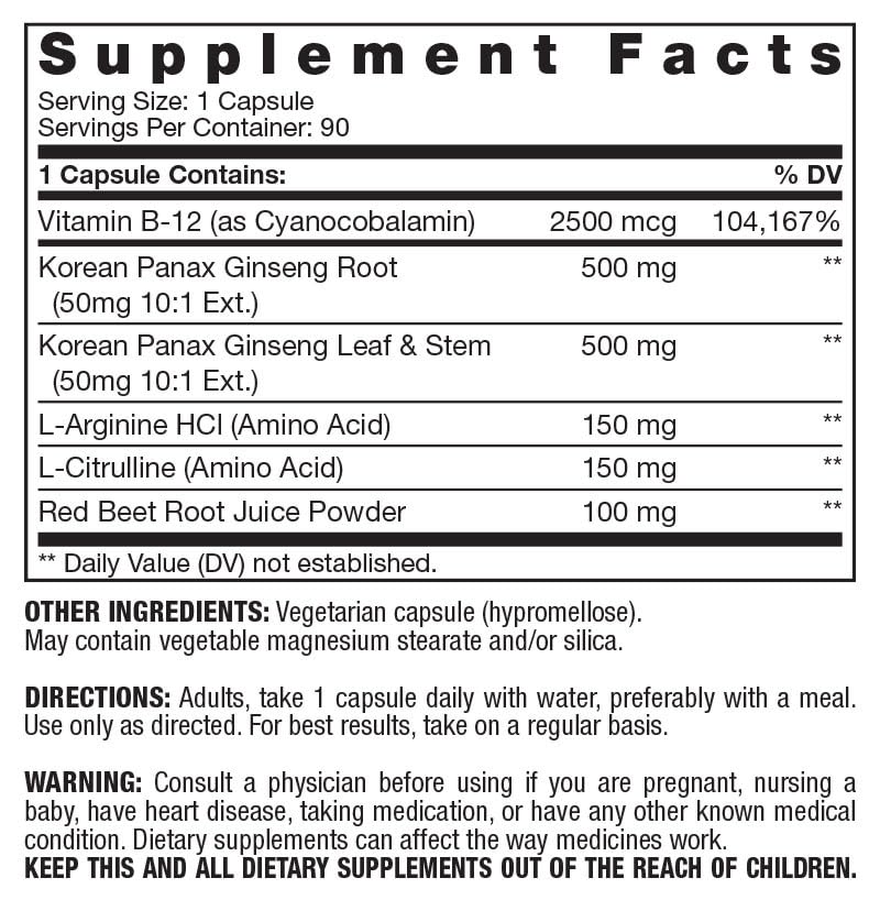 Fresh Start Vitamin B-12 2500 & Panax Ginseng with L-Arginine & L-Citrulline, 90 Capsules