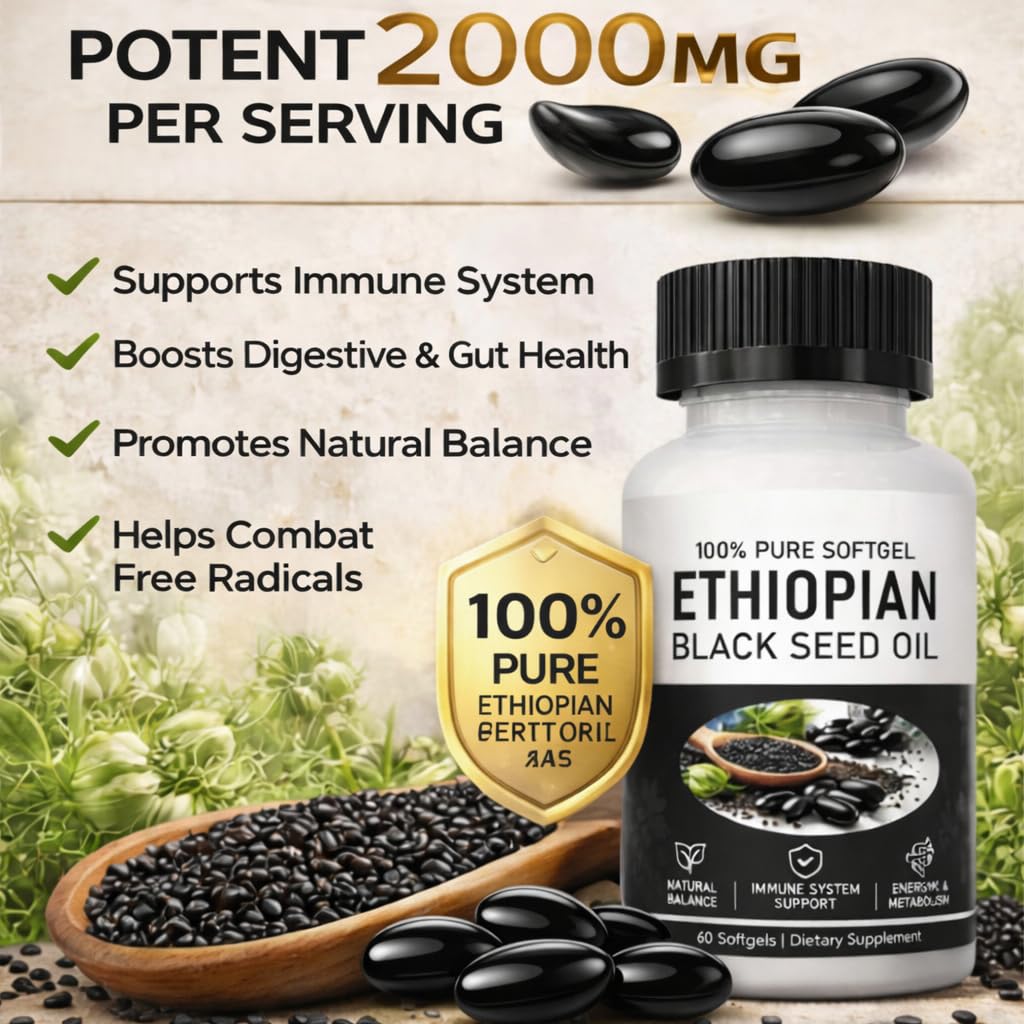 KUZEOLON Ethiopian Black Seed Oil Softgels, Non-GMO Gluten-Free, 60 Count