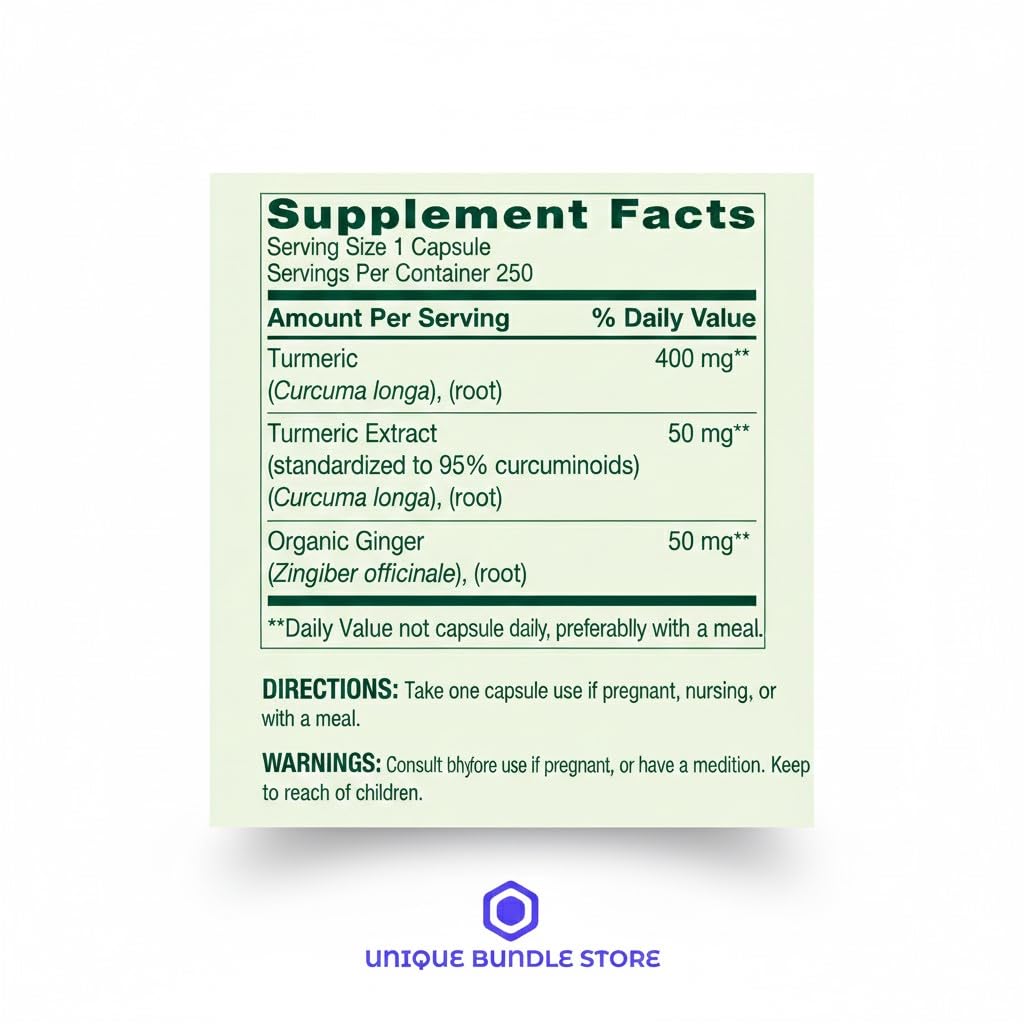 Generic Turmeric Curcumin Supplement with Organic Ginger Powder 500 mg Capsules, 250 Count