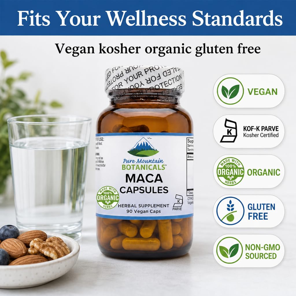 Pure Mountain Botanicals Maca Root Capsules - 1000mg Organic Peruvian Maca - Raw and Gelatinized Blend - 90 Capsules
