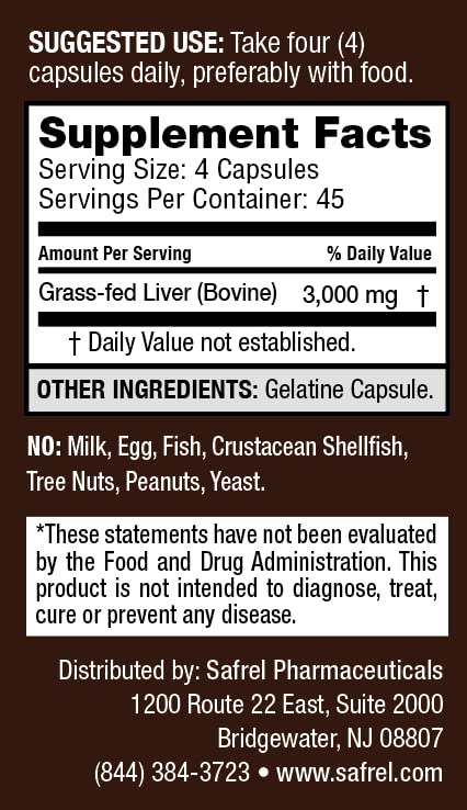 Safrel Grass Fed Desiccated Beef Liver Capsules 750mg, 180 Capsules