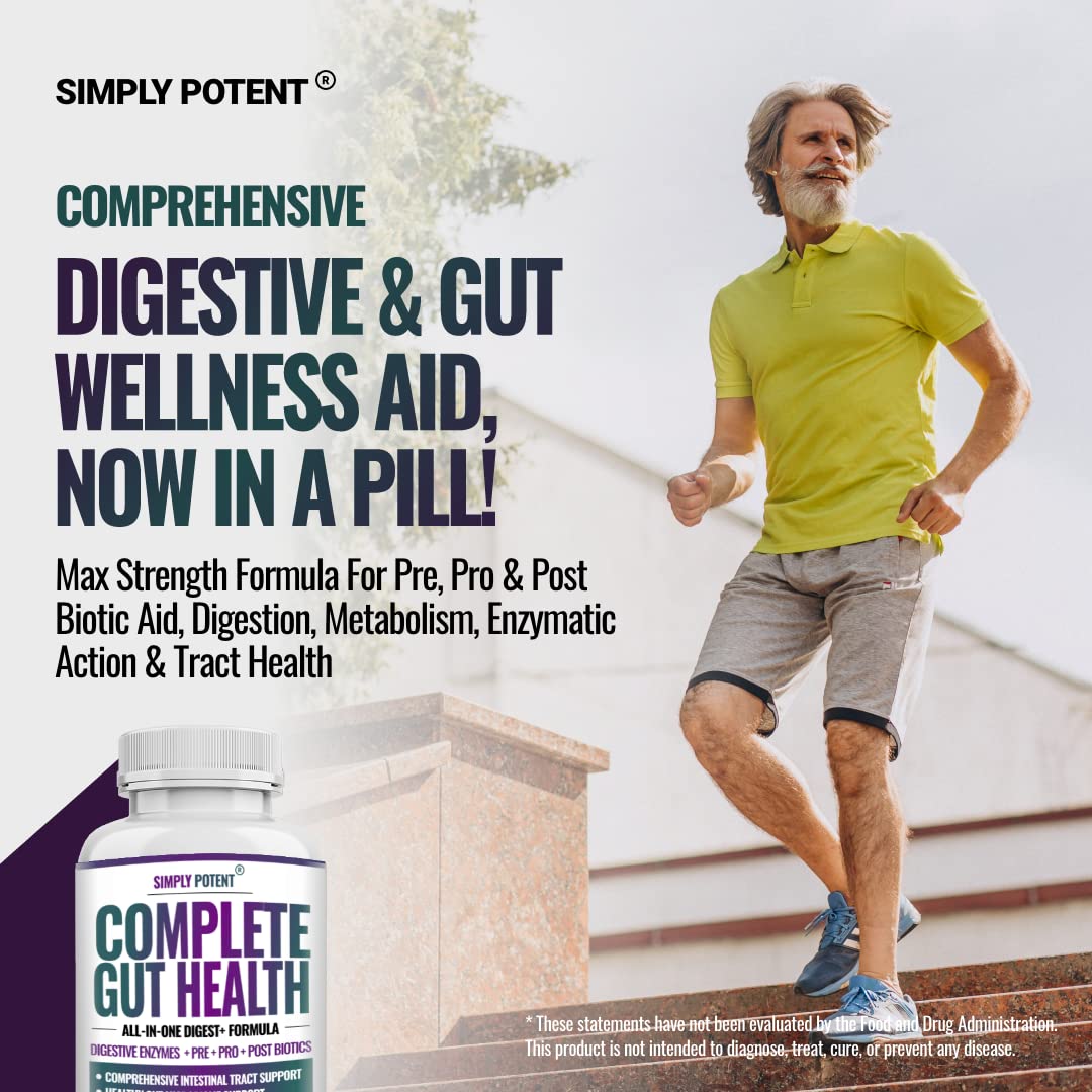 Simply Potent Digestive Enzymes with Prebiotics, Probiotics & Postbiotics 4-in-1 Complete Gut Health Formula 60 Capsules