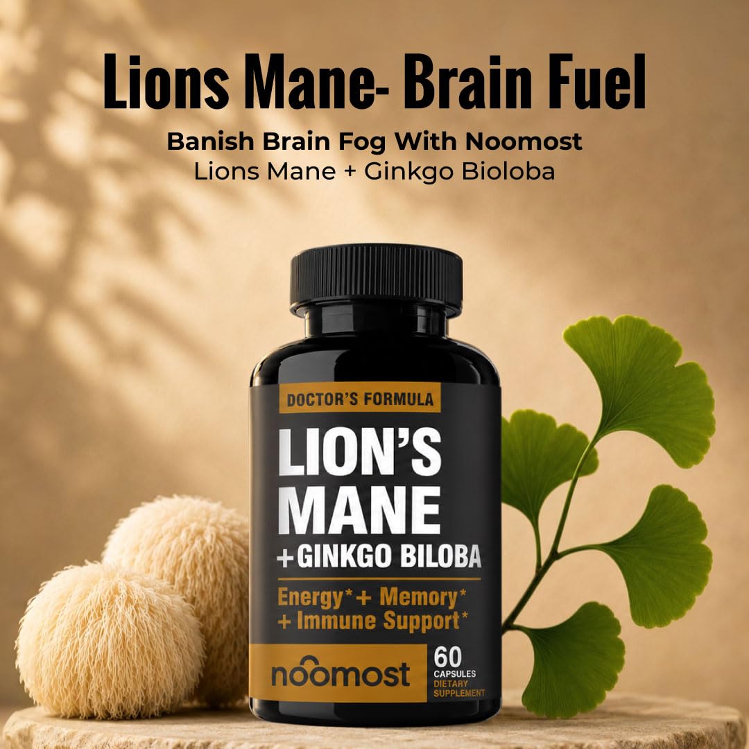 NooMost Lions Mane Supplement Organic Capsules With Ginkgo Biloba – Cognitive Health, Focus & Memory Support – Natural Superfood for Brain, Energy & Immune Health – Non-GMO – 60 Capsules
