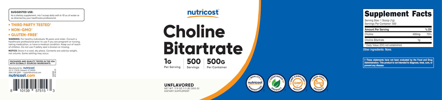 Nutricost Choline Bitartrate Powder 17.9 Ounce