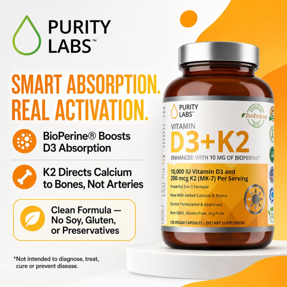 Purity Labs Vitamin D3 K2 10000 IU (250mcg) D3 + 200mcg K2 MK7 Capsule 120 Count