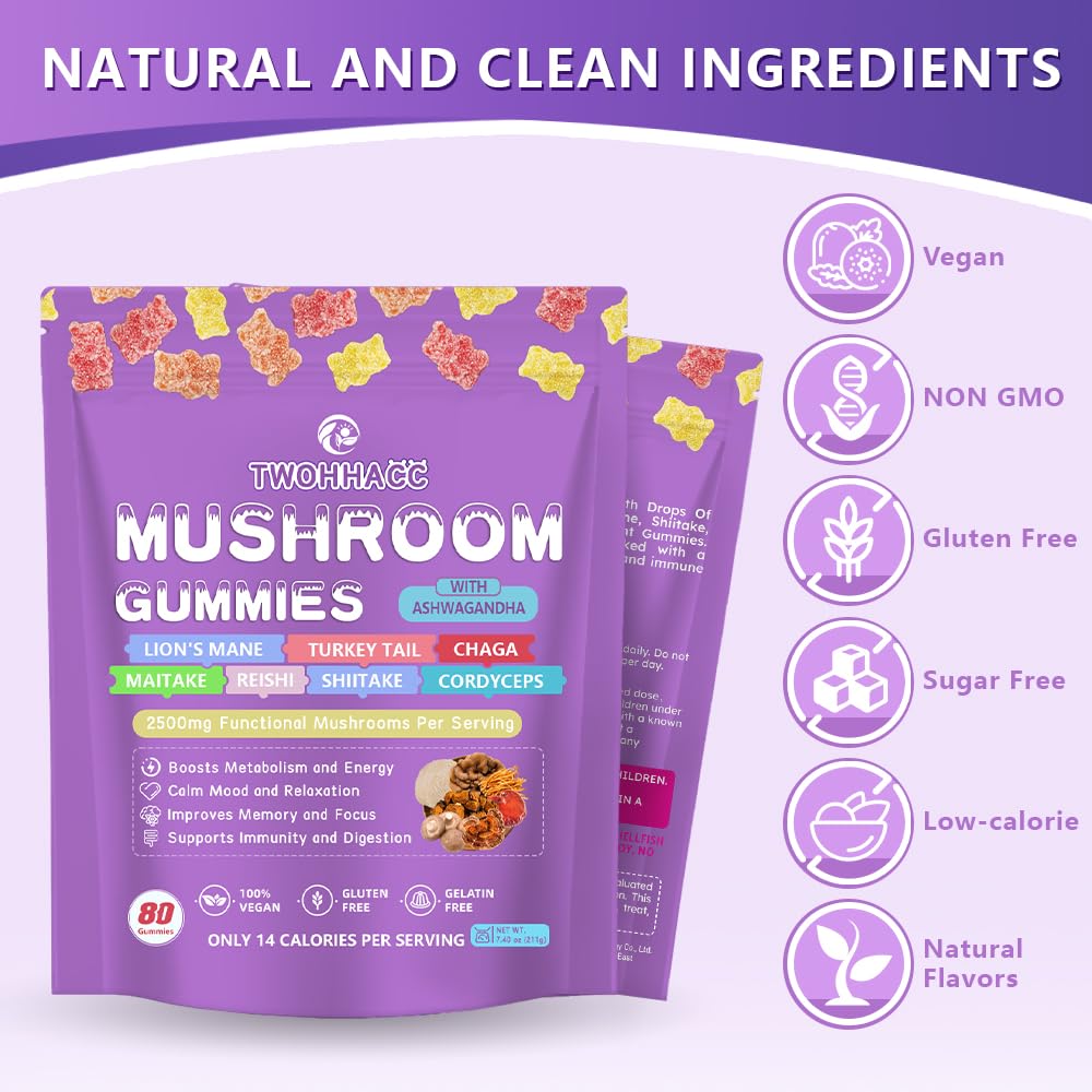 TWOHHACC Mushroom Supplement Gummies with Ashwagandha and Lions Mane, Maitake, Turkey Tail, Reishi, Chaga, Shiitake, Cordyceps Nootropic Brain Supplement, 80 Gummies