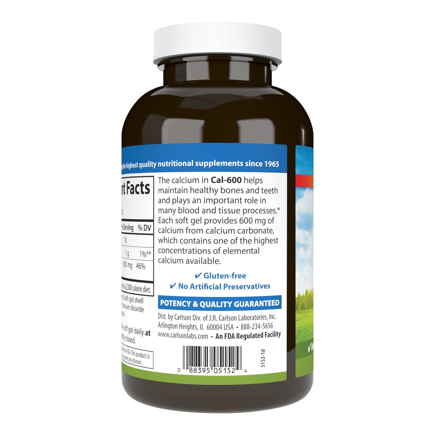 Carlson Cal-600 600 mg Calcium Bone Support Healthy Teeth & Optimal Wellness Softgels 250