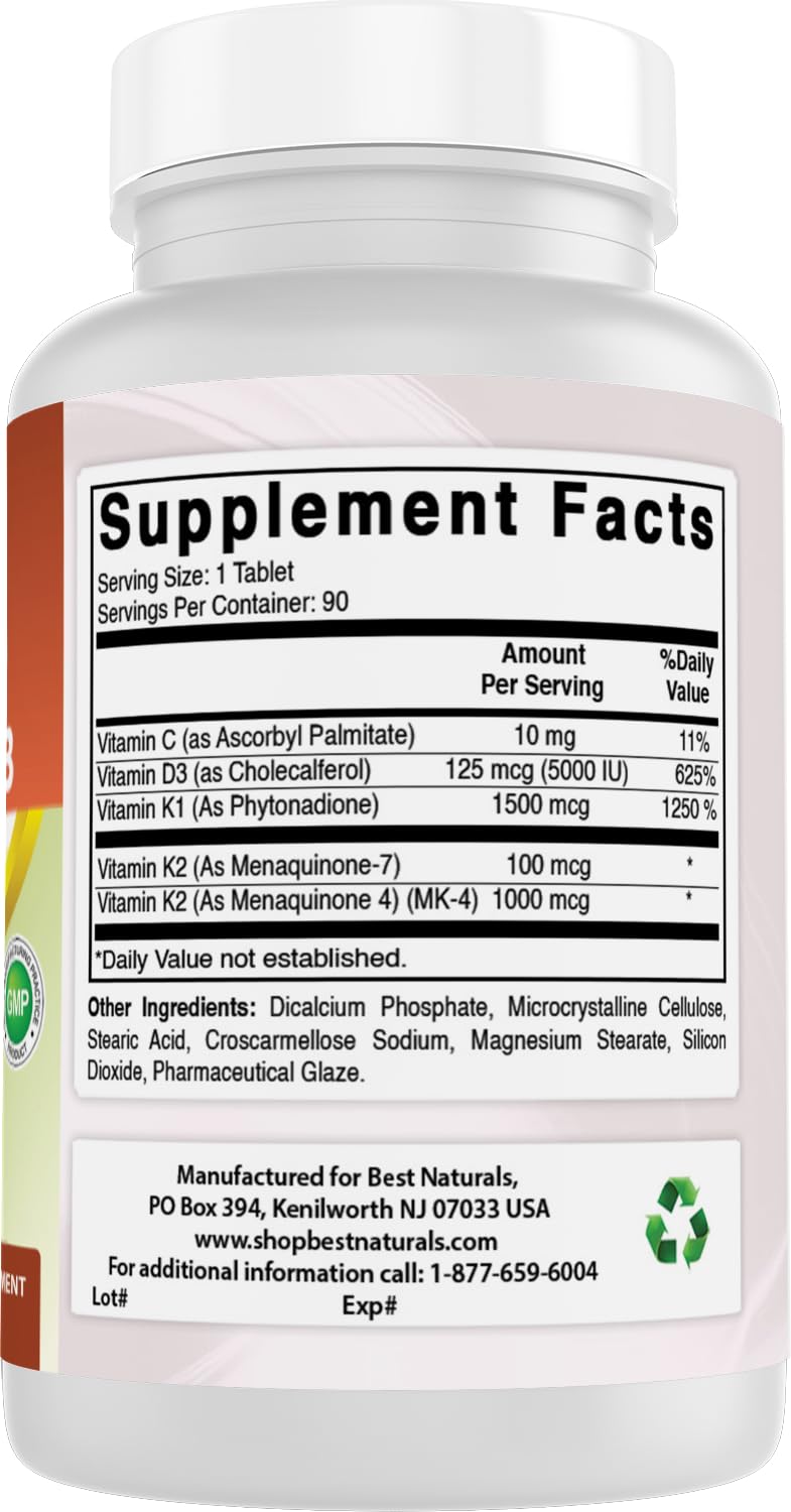 Best Naturals K-Complex with K1 (Phytonadione 1500 mcg + K2 as Menaquinone 100 mcg + K2 as MK-4 1000 mcg) + D3 + VIT. C, 180 Tablets