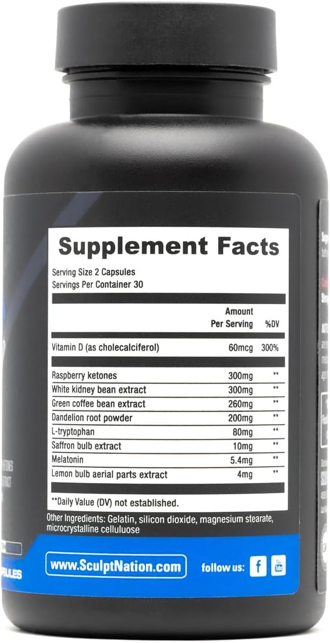 Sculpt Nation Night Time Metabolism Support with Raspberry Ketones, Green Tea Extract and Melatonin, 120 Capsules