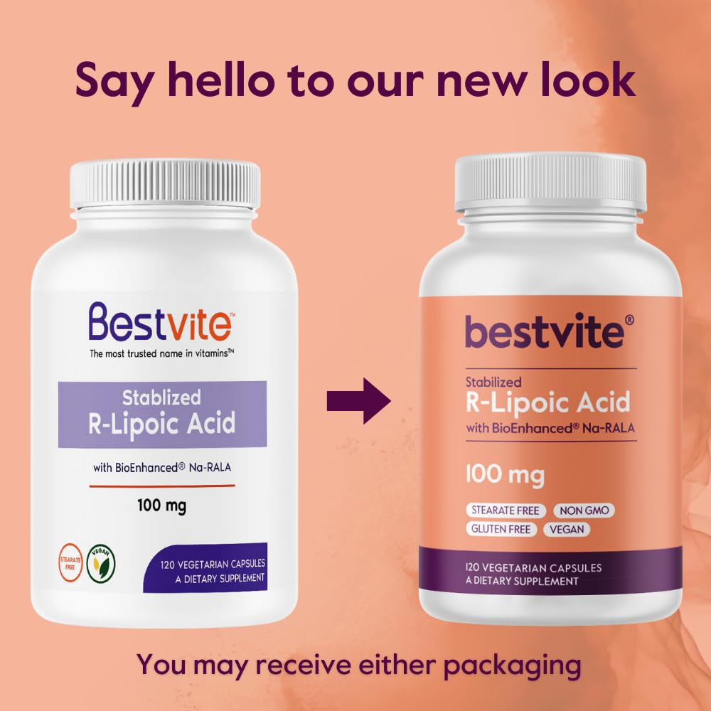 BESTVITE R-Lipoic Acid 100mg Stabilized with Bio-Enhanced Na-RLA, 120 Capsules