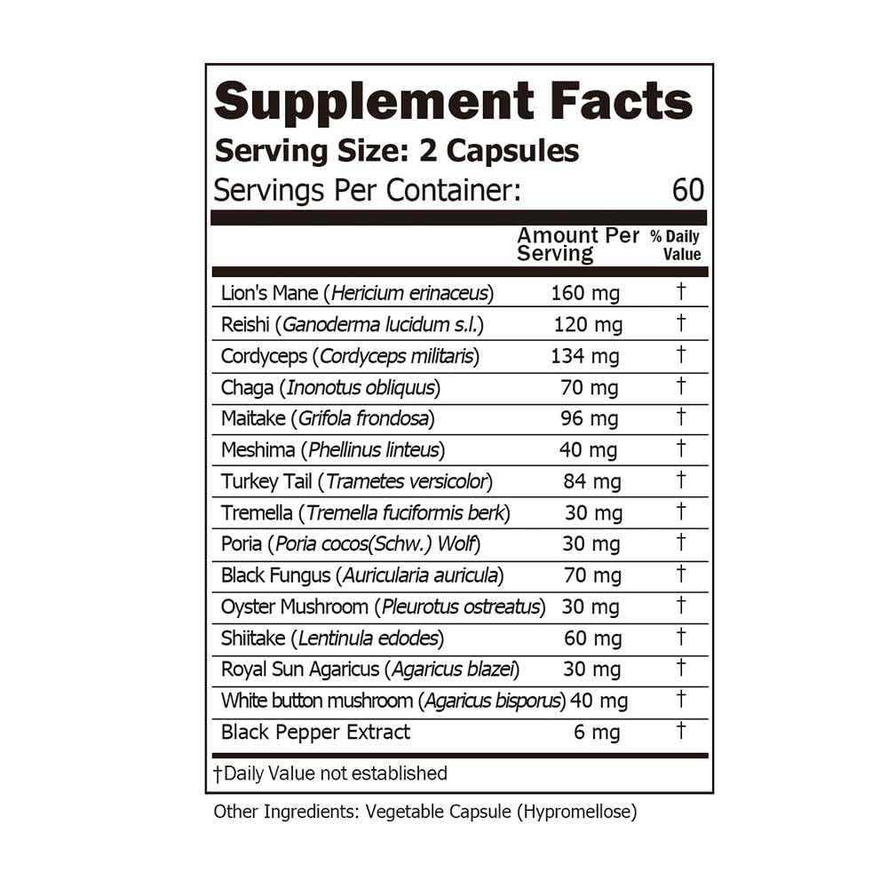 ECO-TASTE 14 Mushrooms Supplement Capsules 120 Count