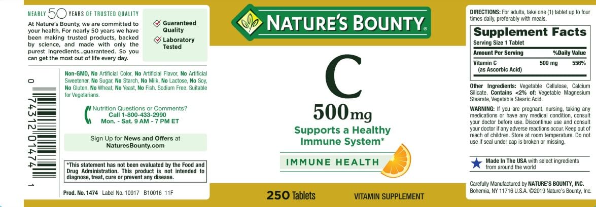Nature's Bounty Pure Vitamin C 500 mg Tablets, 2250 Count