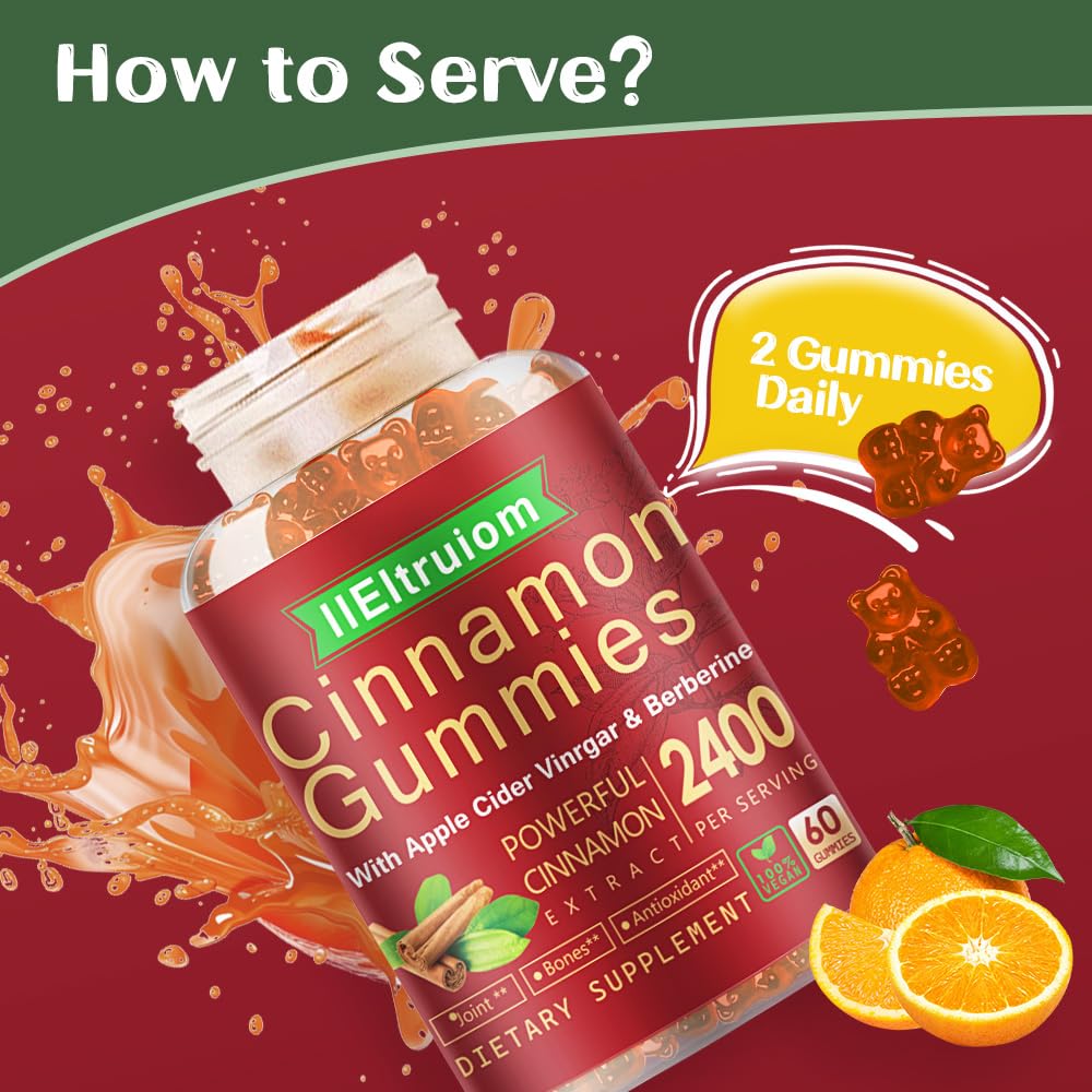 IIEltruiom Cinnamon Supplements 2400mg Ceylon Cinnamon Gummies, Vegan, 60 Gummies
