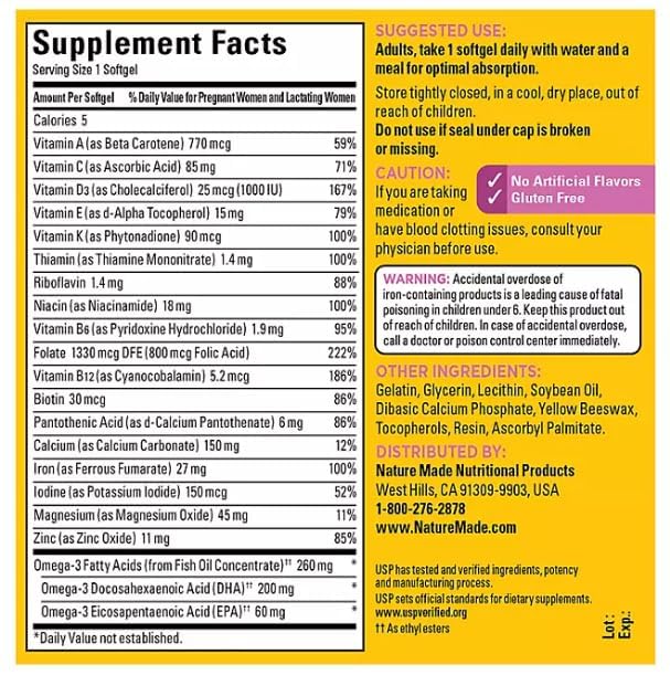 Nature Made Prenatal + DHA 200 mg Dietary Supplement Softgels, 150 Count