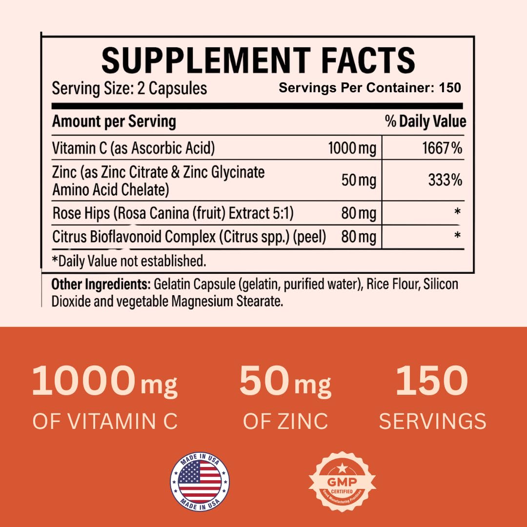 Nature4U Vitamin C 1000mg with Zinc, Rose HIPS and Citrus Bioflavonoids, Immune Support Supplement Antioxidants Protection, 300 Capsules
