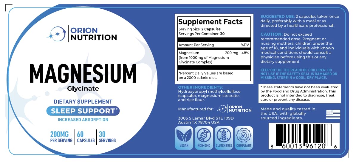 Orion Nutrition Magnesium Glycinate 200 mg per Serving Capsule, 60 Count