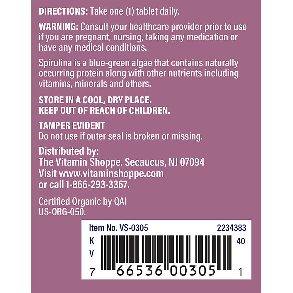 The Vitamin Shoppe Double Strength Organic Spirulina Blue-Green Microalgae Superfood 1,000 mg 120 Tablets