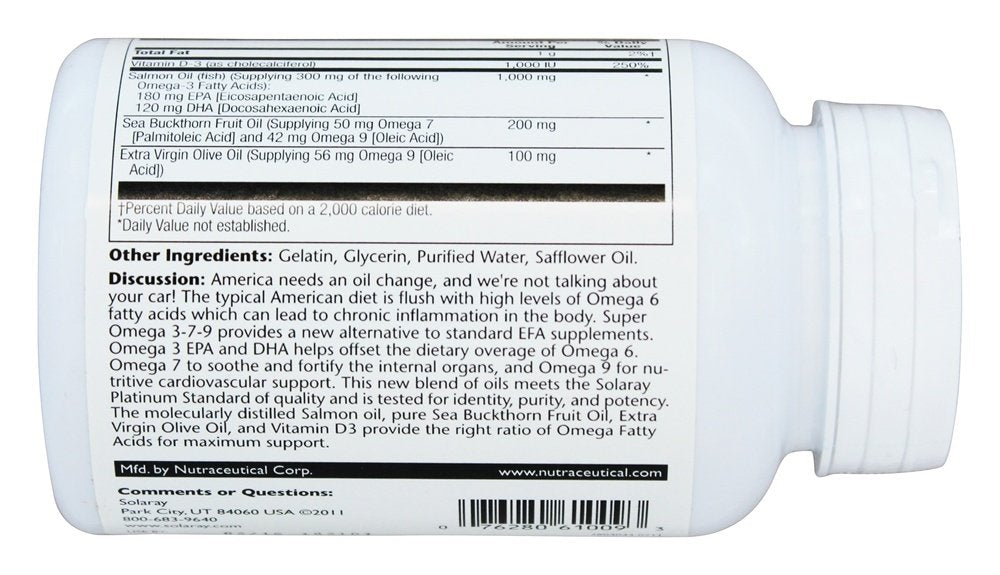 SOLARAY Super Omega 3-7-9 with Vitamin D-3 & Salmon Oil Softgels, 120