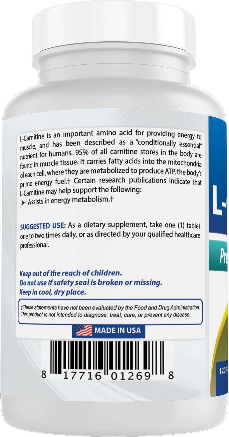 Best Naturals L-Carnitine Fumarate 1000mg Tablets, 120 Count