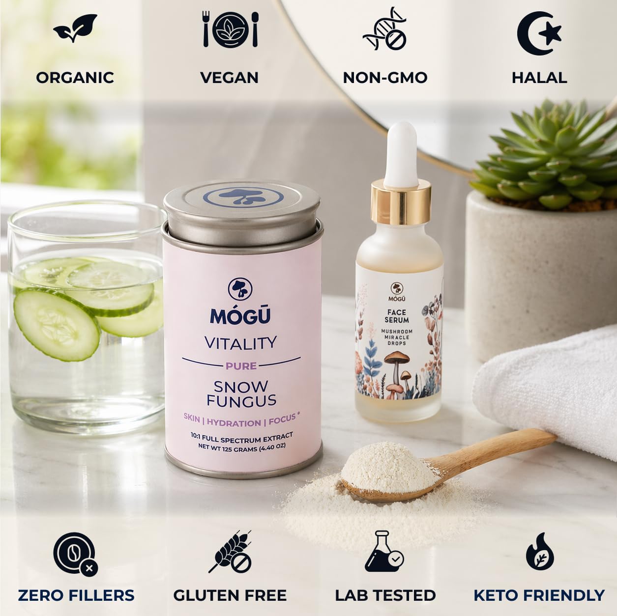MÓGU MUSHROOMS Mógū Vitality Snow Fungus Organic Mushroom Powder Tremella Fuciformis Supplement, 4.4 oz Powder