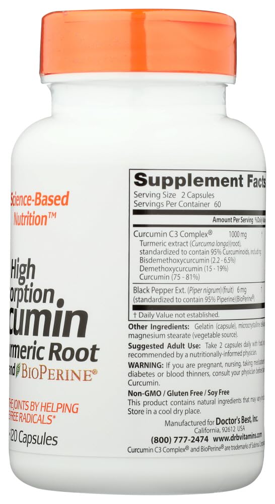 Doctor's Best Curcumin C3 Complex with BioPerine 500 mg Capsules, 120 Count