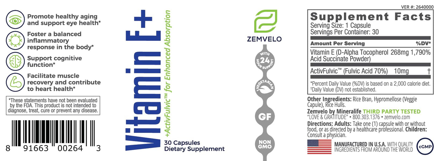 Zemvelo Eye Vitamins Vitamin E+ for Eye Health, Muscle Recovery, Cognitive Function & Healthy Aging Capsule, 30 Count