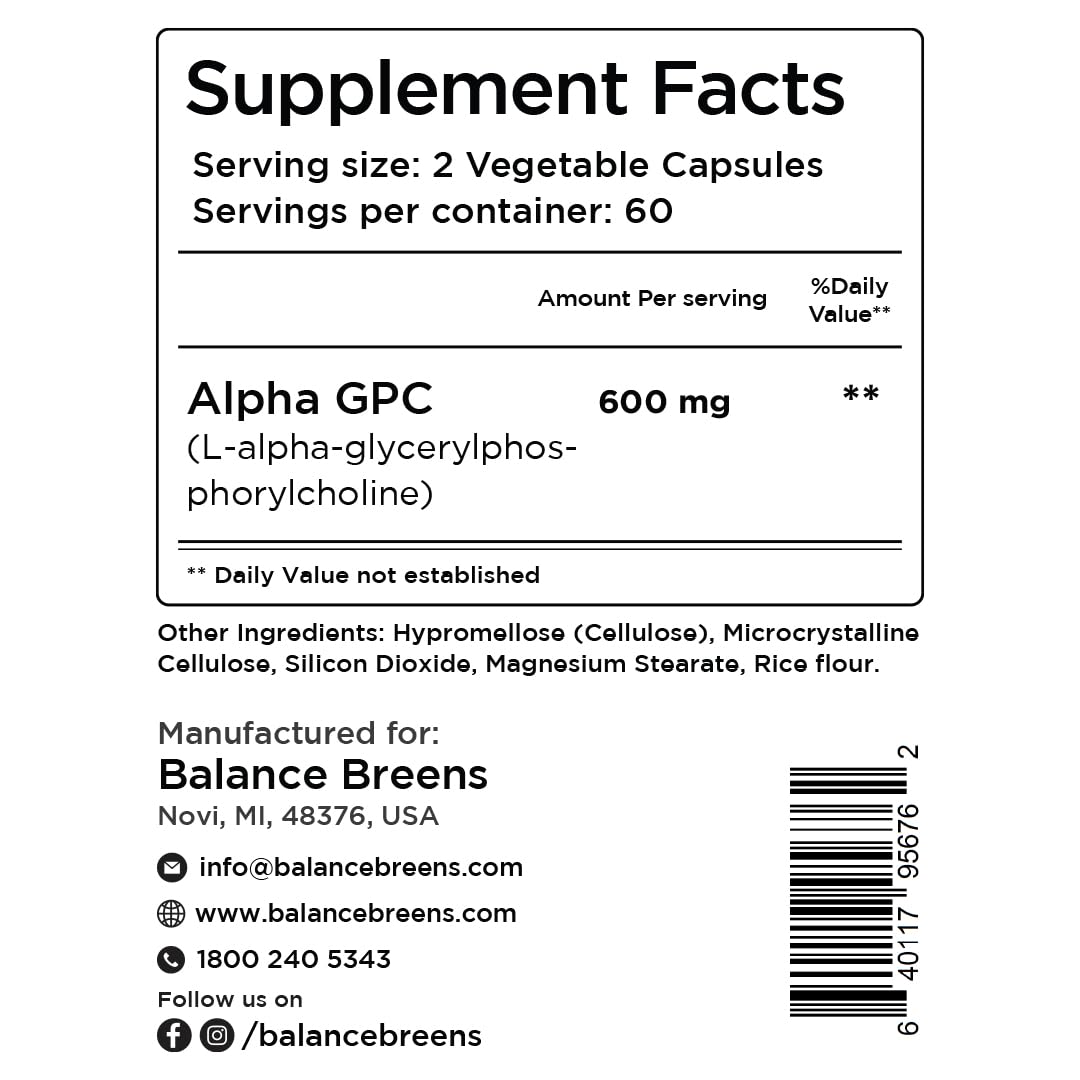 Balancebreens Alpha GPC Choline Supplement 600mg Capsule, 120 Count