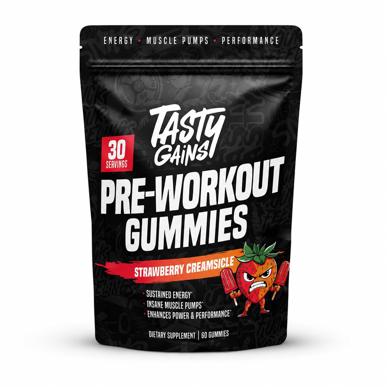 TASTY GAINS Pre-Workout Gummies 60 Count