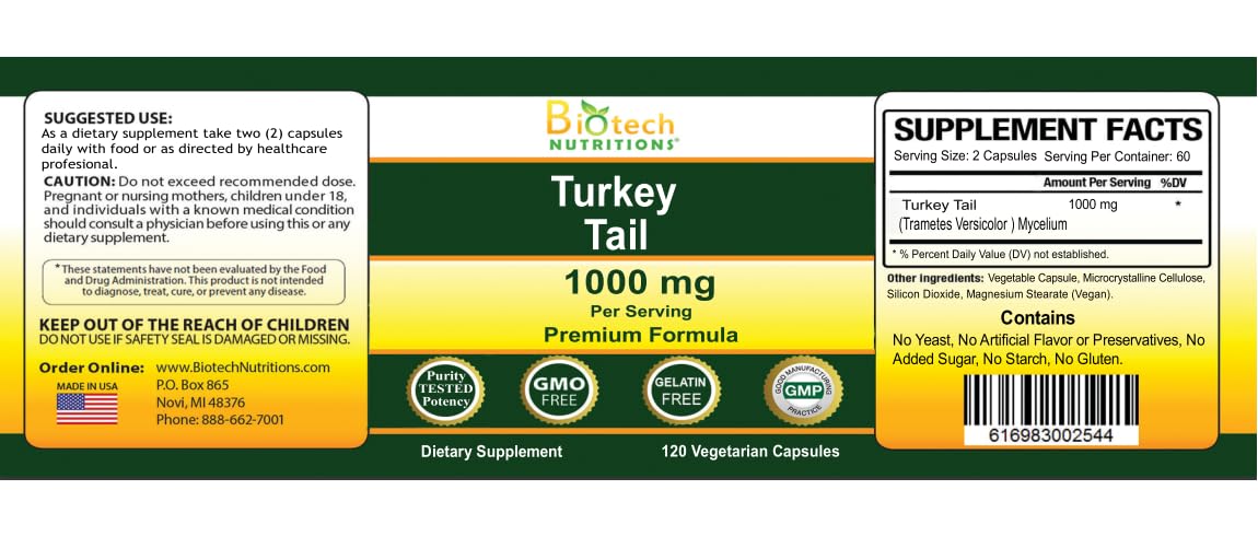 Biotech Nutritions Turkey Tail Mushroom 1000 mg per serving Non-GMO Capsules, 120 Count