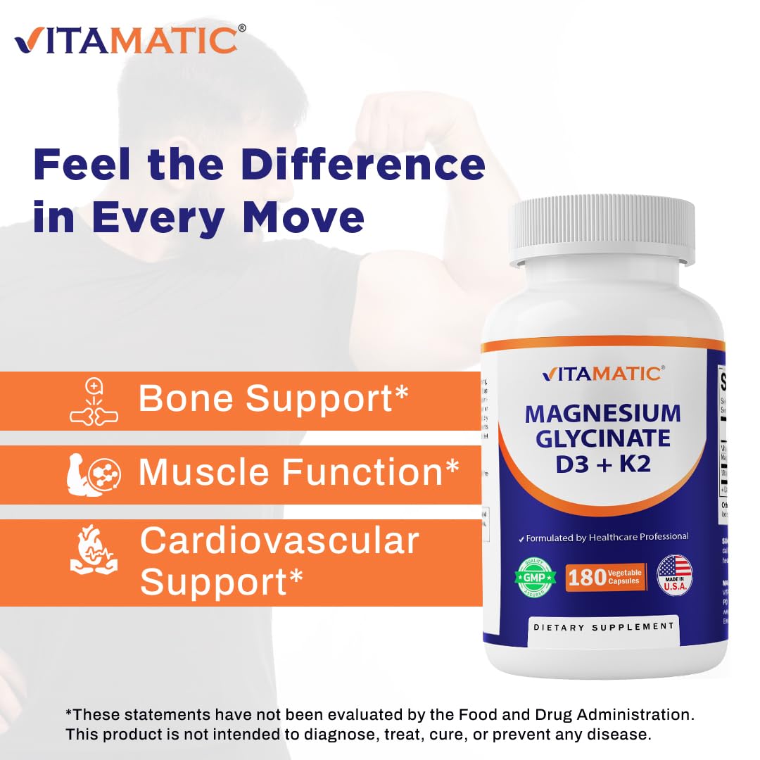 Vitamatic Magnesium Glycinate 200 mg (Elemental) with Vitamin D3 5000 IU & K2 200 mcg Capsules, 180 Count